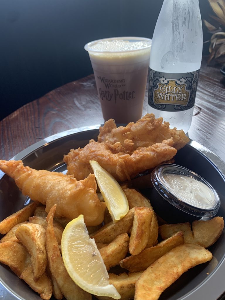 Fish and Chips at Three Broomsticks with Butterbeer and Gilly Water