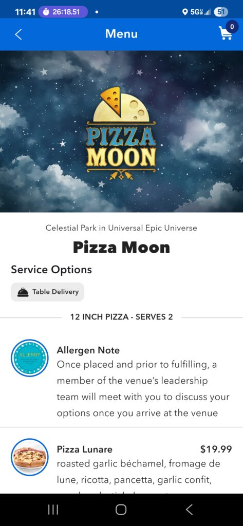 Pizza Moon mobile order screen
