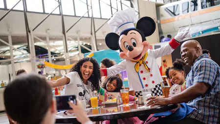 Walt Disney World On Site Benefits Advanced Dining Reservations with a family eating at Chef Mickey's